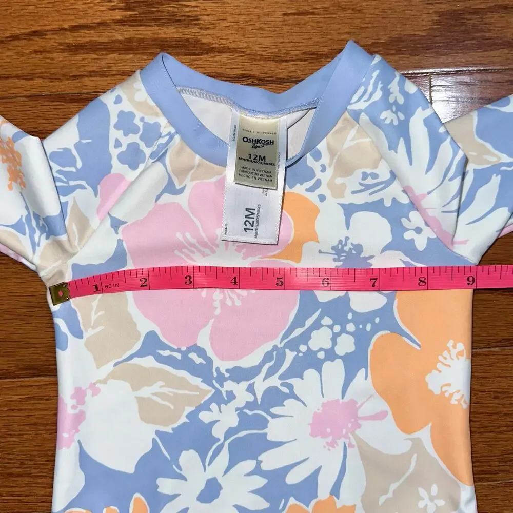OshKosh B’Gosh Girls Floral Long Sleeve UPF 50 Swim Rash Guard Size 12M